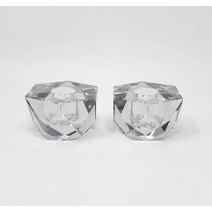 Set 2 Vtg Clear Crystal Faceted Taper Candle Holders Germany Geometric AS IS